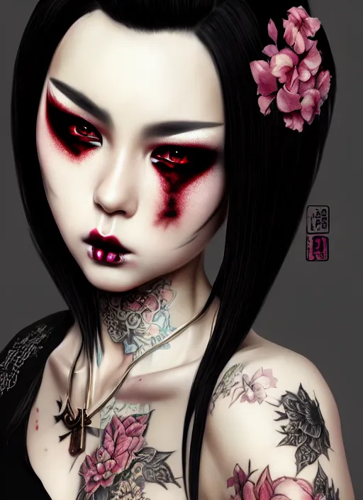 Image similar to soft lustrous ebony geisha seductive yakuza gothic gutter punk, urban decay dark fantasy, dark art, highly detailed, digital painting, octane render, artstation, concept art, smooth, sharp focus, illustration, art by artgerm, loish, wlop