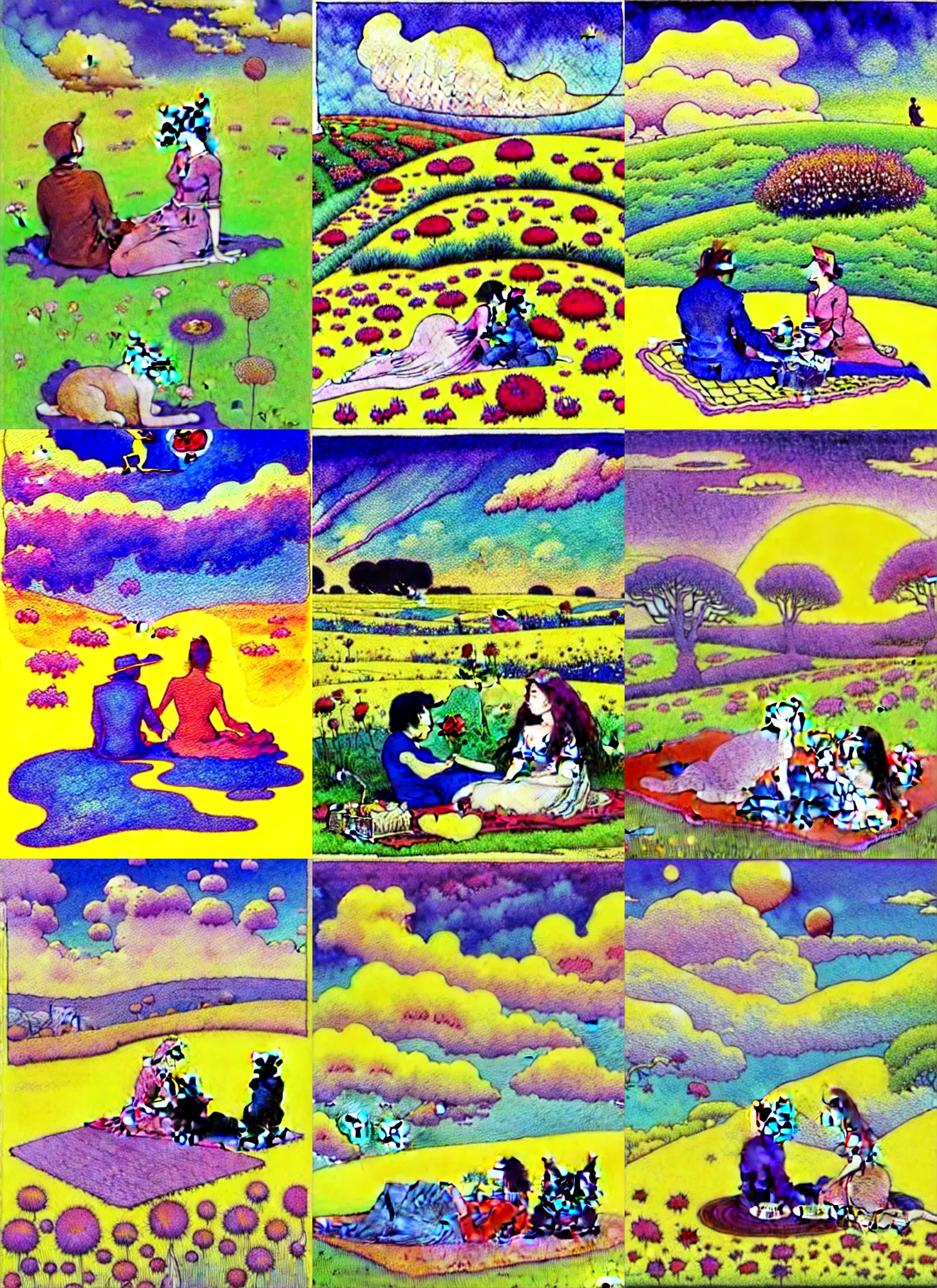 Prompt: late morning picnic scene in nature, a couple in love, fields of colorful flowers, clouds, a sleeping cat, by moebius, by jean henri gaston giraud, by jean gir, in the style of the world of edena by moebius, psychedelic fantasy and surrealism, watercolor with perfect pen outlines