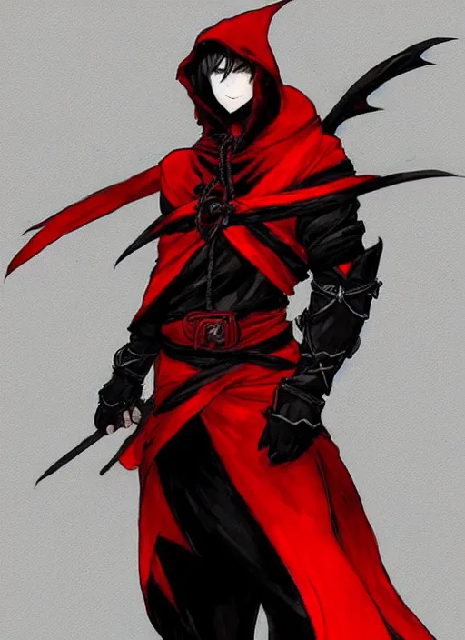 Prompt: Full body portrait of a grim elven male fire mage in black and red hooded attire, vibrant colours. In style of Yoji Shinkawa and Hyung-tae Kim, trending on ArtStation, dark fantasy, great composition, concept art, highly detailed.