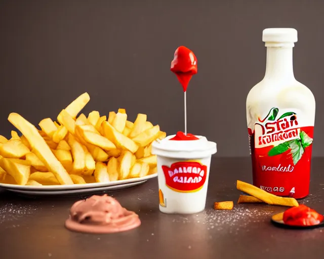 Image similar to dslr food photograph of vanilla ice cream with ketchup on, a leaf of basil on the ice cream, french fries on the side, a bottle of ketchup, bokeh, 8 5 mm f 1. 4