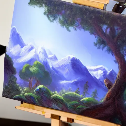 Image similar to a closeup photorealistic photograph of bob ross working on a canvas painting sonic the hedgehog. film still. brightly lit scene. mountains and trees. this 4 k hd image is trending on artstation, featured on behance, well - rendered, extra crisp, features intricate detail, epic composition and the style of unreal engine.