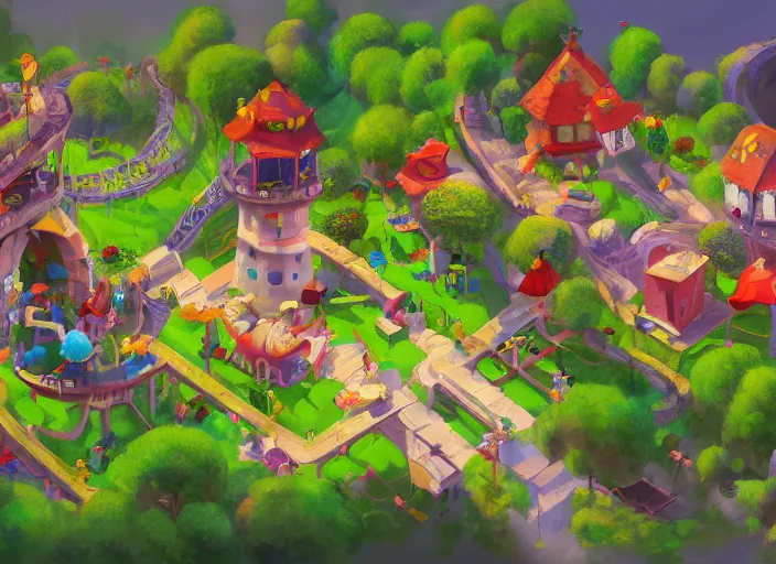 Image similar to level design for candy kids game, zoo park, top angle, oil painting by jama jurabaev, extremely detailed, brush hard, artstation, for aaa game, high quality, brush stroke