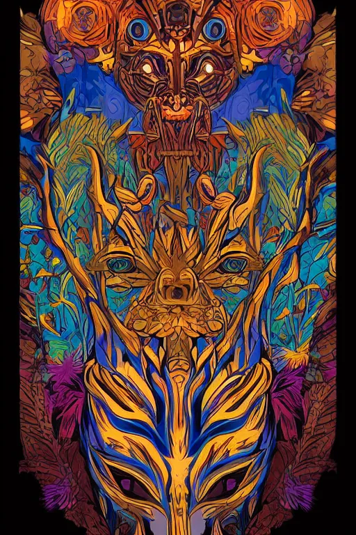 Image similar to animal mask totem roots flower tribal feather gemstone plant wood rock shaman vodoo video game vector cutout illustration vivid multicolor borderlands comics by josan gonzales and dan mumford radiating a glowing aura