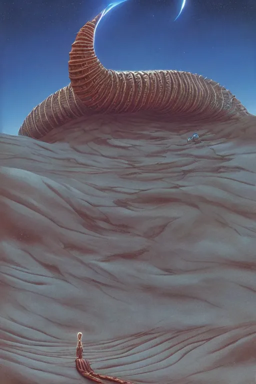 Image similar to a sandworm on arrakis, god emperor of dune by david a hardy and noriyoshi ohrai, highly detailed, cinematic composition, trending on artstation