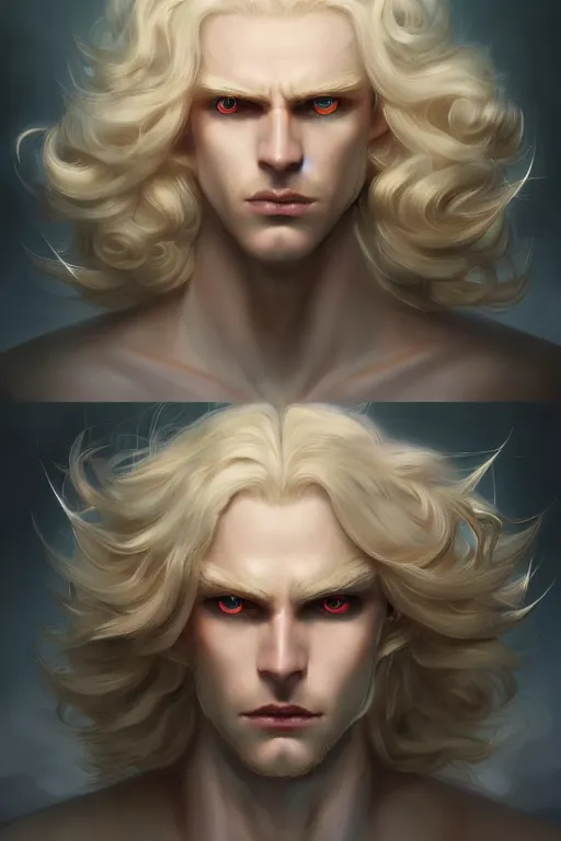 Prompt: digital art of a pale menacing male Cyborg Angel of Battle with fluffy blond curls of hair and piercing opal eyes, third eye forehead pearl, central composition, he commands the fiery power of resonance and wrath, very very long blond curly hair, baroque curls, by WLOP, Artstation, CGsociety