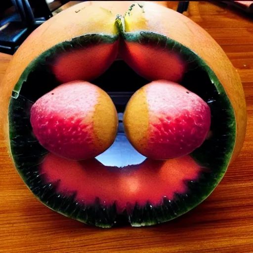 Image similar to mc escher fruit cut in half resting on table