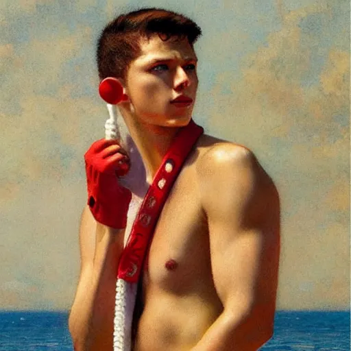 Image similar to “ tom holland as a lifeguard wearing red swimtrunks, whistle hanging from his neck, beach, sunshine painting by gaston bussiere, craig mullins, j. c. leyendecker, tom of finland ”