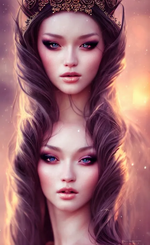 Image similar to a fantasy photo of gorgeous russian female, evening gown, bokeh, medium shot, beautiful face, professionally retouched, soft lighting, realistic, smooth face, perfect eyes, sharp focus, 8 k realistic high definition, insanely detailed, intricate, elegant, art by artgerm and kyoung hwan kim