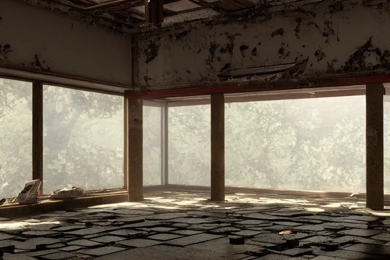 Image similar to ruined, abandoned japanese temple, seen from inside. Diffused light falls through the broken windows. Dirt, leaves on ground. Unreal Engine. Substance painter. Zbrush. Trending on artstation. 8K. Highly detailed.