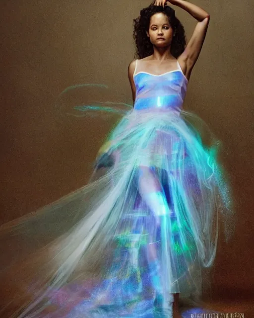 Image similar to annie leibovitz style photoshoot editorial of gugu mbatha - raw as sue storm of the fantastic four, wearing a beautiful iridescent shimmering wedding dress made out of particle effects, force field soap like bubble, hyperreal, magical, translucent, iridescent, shimmering wedding dress