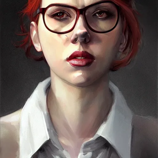 Prompt: gordon freeman wearing glasses played by scarlett johansson, face portrait, hd shot, digital portrait, elegant, beautiful, fantasy art, artstation, comic style, by artgerm, guy denning, jakub rozalski, magali villeneuve and charlie bowater