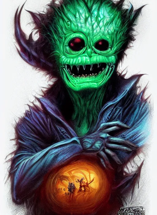 Image similar to creepy monsters, colorful, digital art, fantasy, magic, trending on artstation, ultra detailed, professional illustration,chalk, poster artwork by Basil Gogos , clean