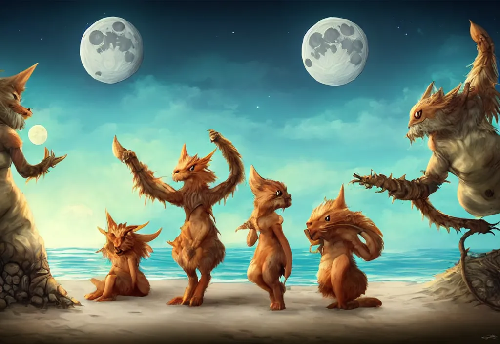 Prompt: cute fantasy critters at a beach looking at the moon, ultra realistic, concept art, highly detailed