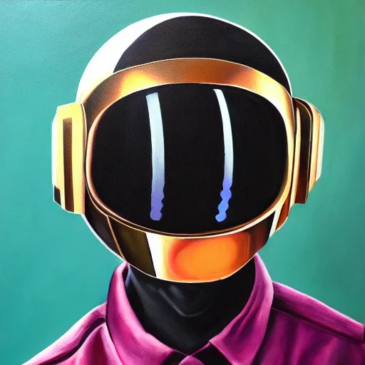 Image similar to a high quality painting of a portrait of a cat wearing the Daft Punk helmet and clothing
