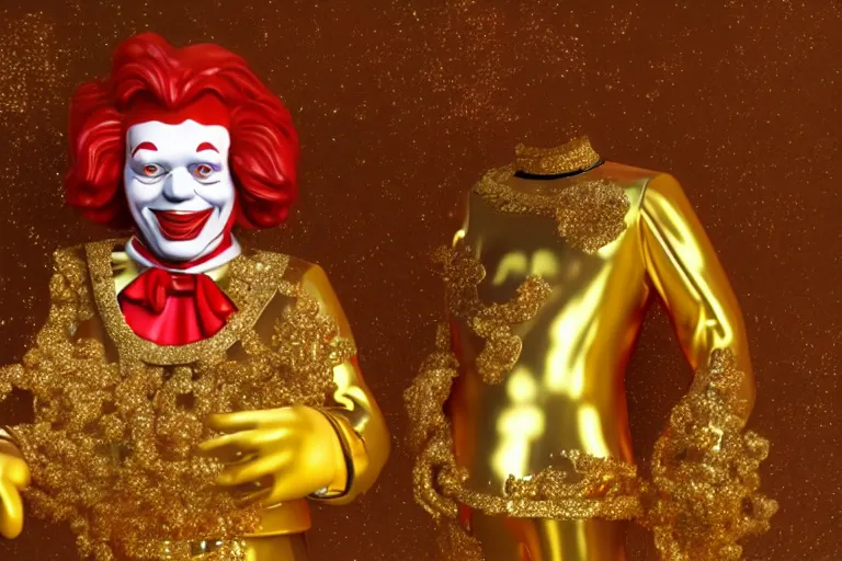 Image similar to a still of ronald mcdonald surrounded by gold and diamonds, award - winning, photograph, 3 d render, unreal engine, 4 k detailed