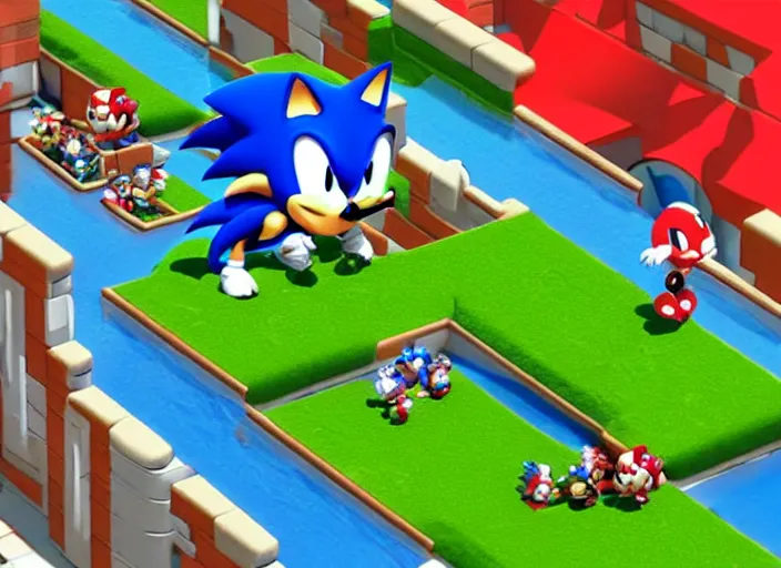 Prompt: sonic the hedgehog and super mario fighting side by side against dr robotnik and bowser on a castle