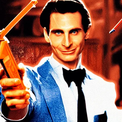 Image similar to Patrick Bateman holding a nerf blaster, movie poster