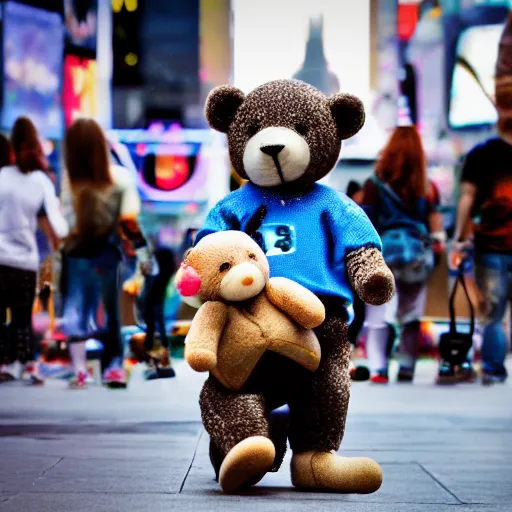 Prompt: skateboard teddy bear skateboarding in time square, bokeh, hyper realistic, street photography