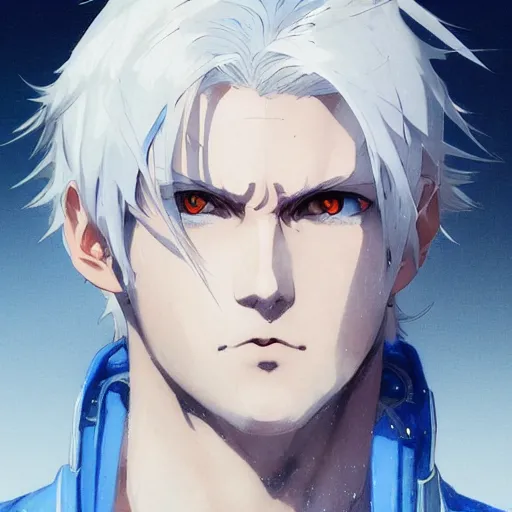 Prompt: anime style portrait of a young man with white hair and blue eyes, dramatic lighting, anime illustration by Greg rutkowski, yoji shinkawa, 4k, digital art, concept art, trending on artstation, アニメ, featured on pixiv