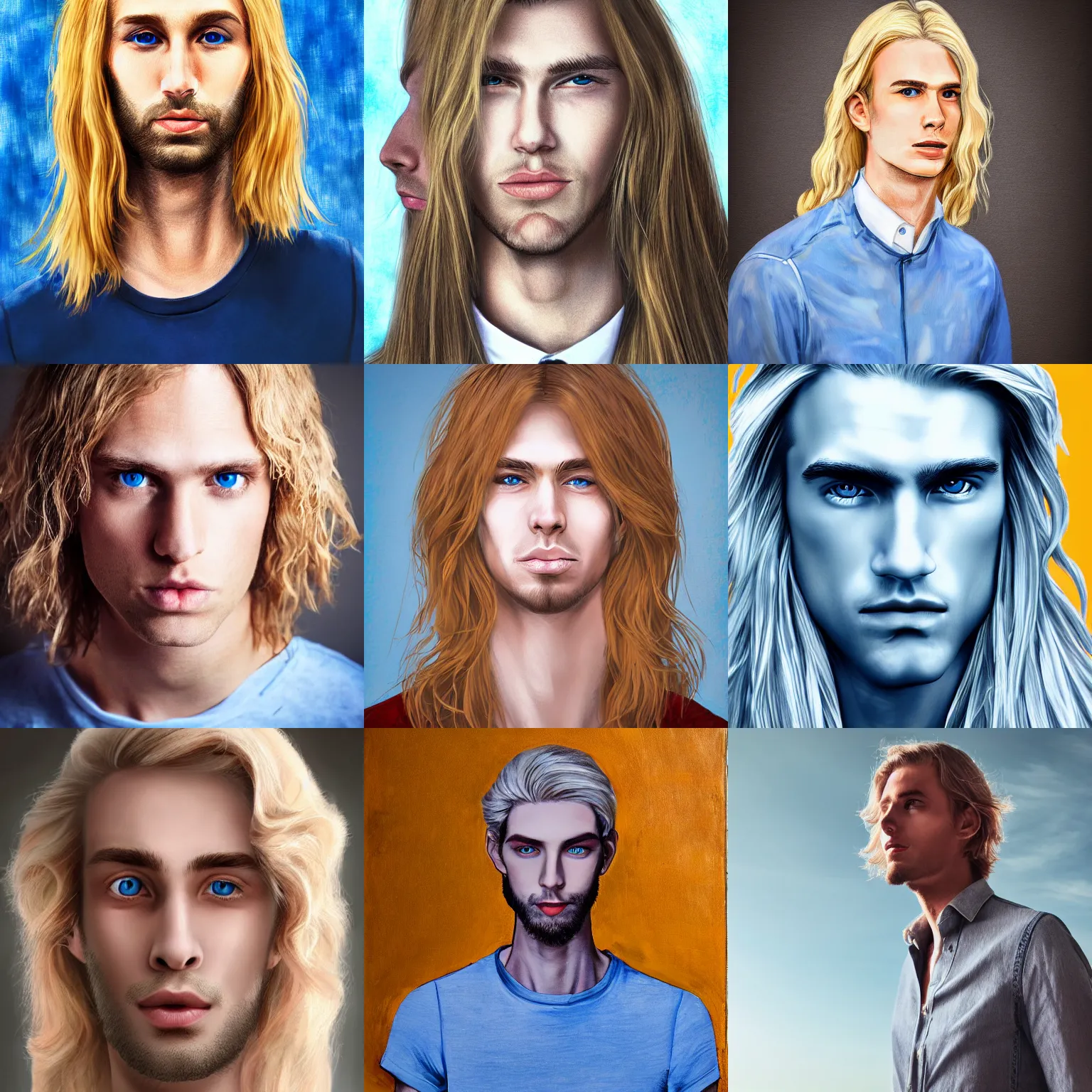 Prompt: tall skinny guy with white skin, sky blue eyes, long golden hair, realistic, portrait