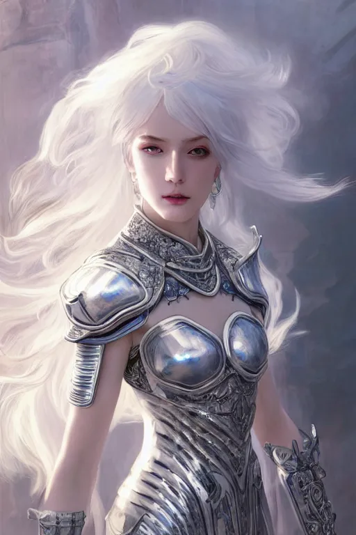 Image similar to portrait white hair knights of zodiac girl, sliver ice color reflected armor, in ruined agora of athens sunrise, ssci - fi and fantasy, intricate and very very beautiful and elegant, highly detailed, digital painting, artstation, concept art, smooth and sharp focus, illustration, art by tian zi and wlop and alphonse mucha