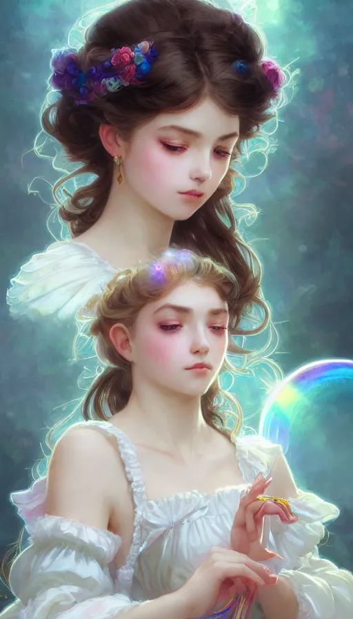 Image similar to portrait of magical lolita girl, dreamy and ethereal, white eyes, peaceful expression, ornate frilly dress, fantasy, intricate, elegant, rainbow bubbles, highly detailed, digital painting, artstation, concept art, smooth, sharp focus, illustration, art by artgerm and greg rutkowski and alphonse mucha