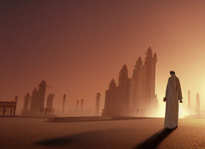 Image similar to jeddah city epic golden hour, magical time gate to another dimension, a man wearing a white robe standing watching over, dramatic lighting, dawn, by caspar david friedrich, unreal engine 5