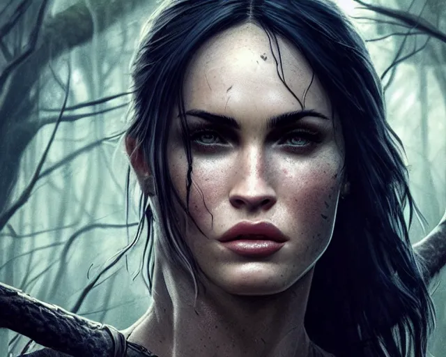 Image similar to 5 5 mm portrait photo of a real life tough looking megan fox as ciri with a large scar along her left cheek, in a magical forest. dark atmosphere. art by greg rutkowski. highly detailed 8 k. intricate. lifelike. soft light. nikon d 8 5 0.