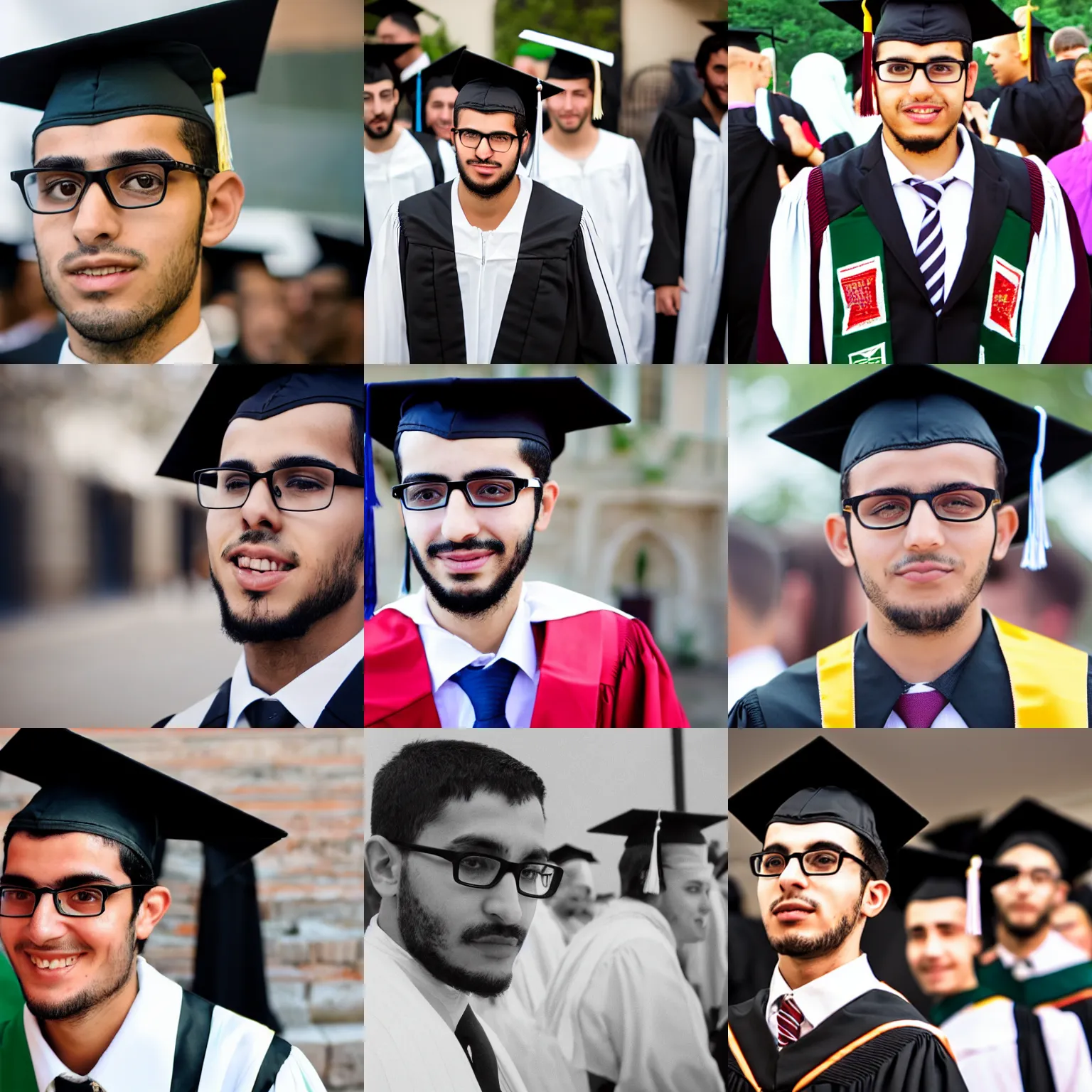 Prompt: algerian young man at his graduation, glasses, short black hair, graduation day