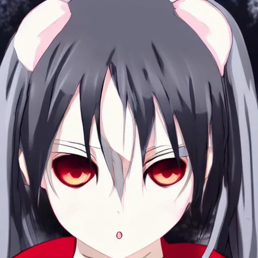 Image similar to white hair, red eyes, two small horn on the head, anime style, anime girl, demon horns on head