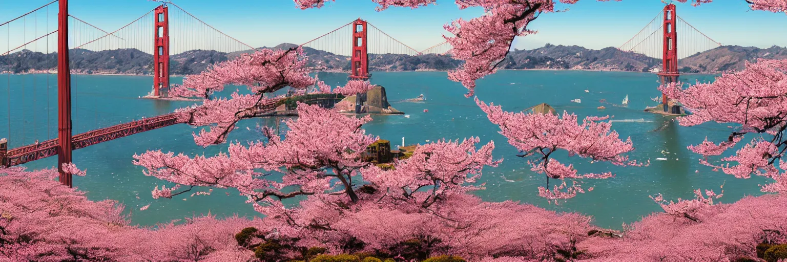 Image similar to awe-inspiring ukiyo-e landscape of San Francisco bay with the Golden Gate bridge in view, cherry blossoms on trees, 4k