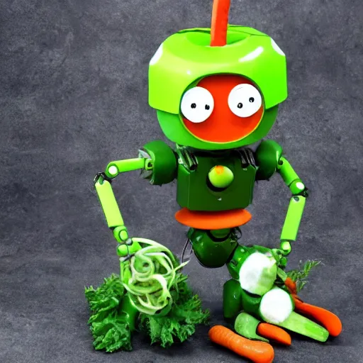 Prompt: robot made of vegetables with big tomato head and a carrot sword, made in abyss style