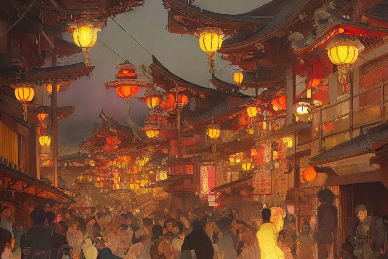 Image similar to a beautiful realistic painting of the lantern festival in old kyoto, neon colors, intricate, elegant, highly detailed, digital painting, artstation, concept art, by krenz cushart and artem demura and alphonse mucha