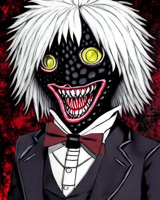 Image similar to tokyo ghoul monster ken kaneki character wearing a beautiful 1 8 th century suit with a tie, rococo style, ed emshwiller style, highly detailed, very realistic, painterly style