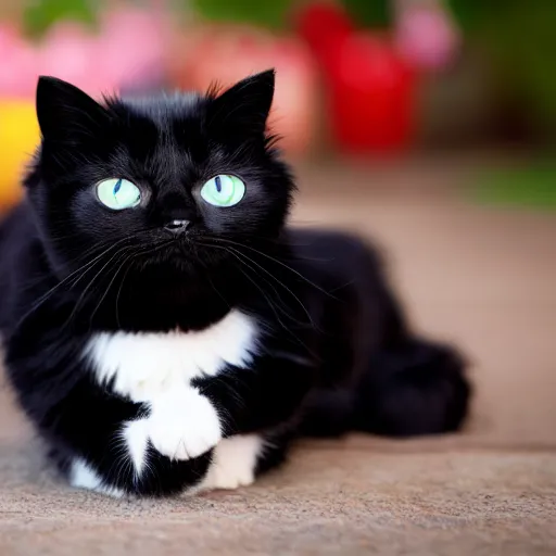 Prompt: Cute black haired young cat with long hair, rolling in happiness