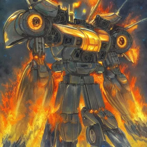 Prompt: beautiful picture of a giant Mecha, flamethrower, fire, burning forest, anime style, art by Yasuhiko Yoshikazu, trending on Artstation