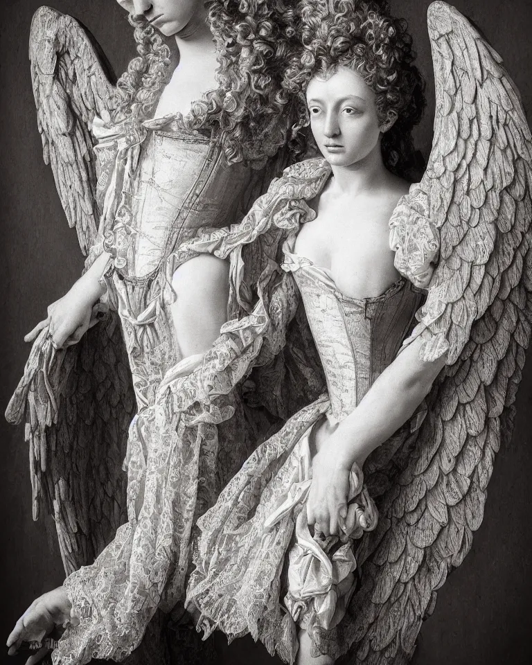 Image similar to a renaissance styled baroque photograph of an anatomically correct woman angel wearing an intricate lace corset by aj hamilton