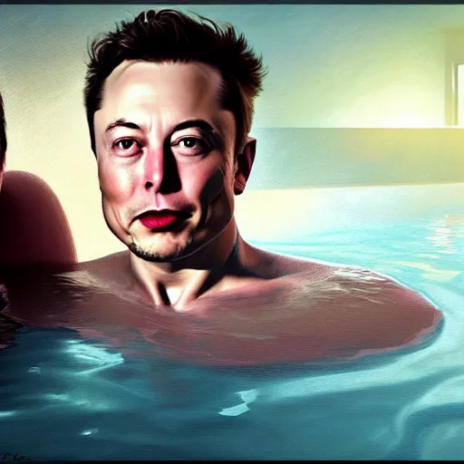 Image similar to UHD photorealistic Elon Musk and Dagon in a hot tub, in the style of tonalism by Greg Rutkowski, trending on Artstation, hyperrealistic, correct details, symmetrical faces