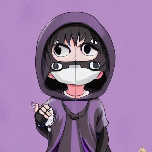 Prompt: cute little boy wearing an skull mask and dressed in an nun outfit, purple color palette, artwork made in heikatsu art syle, inspired in made in abyss and hirohiko araki, ray tracing, soft details