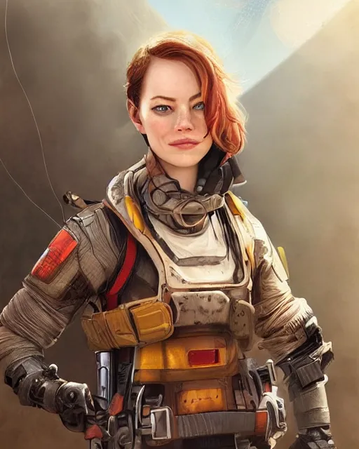 Prompt: Emma Stone as an Apex Legends character digital illustration portrait design by, Mark Brooks and Brad Kunkle detailed, gorgeous lighting, wide angle action dynamic portrait