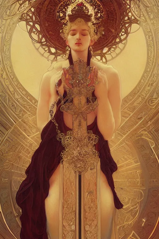 Image similar to a full body portrait of a beautiful ethereal delicate babylonian mage queen meditative sacral pose catholic stages of the cross, intricate, elegant, highly detailed, digital painting, artstation, concept art, smooth, sharp focus, illustration, art by krenz cushart and artem demura and alphonse mucha