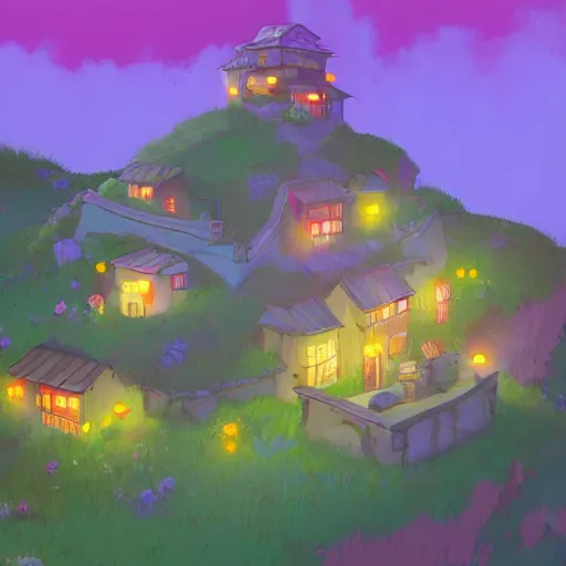 Image similar to beautiful 3 d painting of a colourful house on a hilltop at midnight with small fireflies flying around, in the style of studio ghibli, artstation, unreal engine