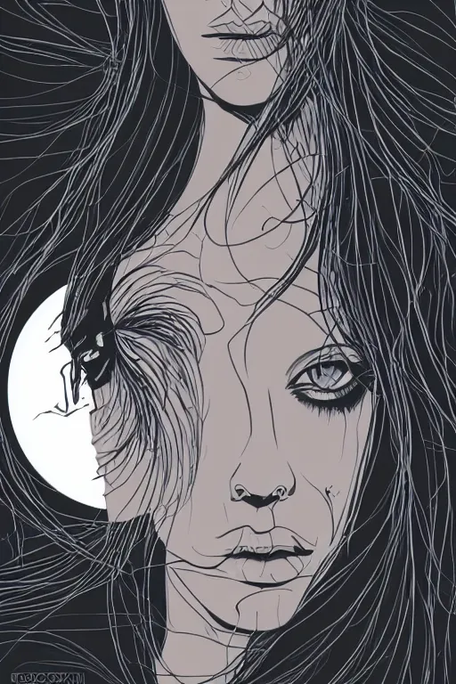 Image similar to close up portrait of a dark witch in front of the full big moon, vector graphic, .eps, .ai, Adobe Illustrator, clear lines and clear shapes, intricate, 8k highly professionally detailed, HDR, CGsociety