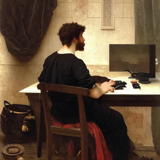 Image similar to an oil painting of an man playing a PC gaming, by Bouguereau, highly detailed and intricate,