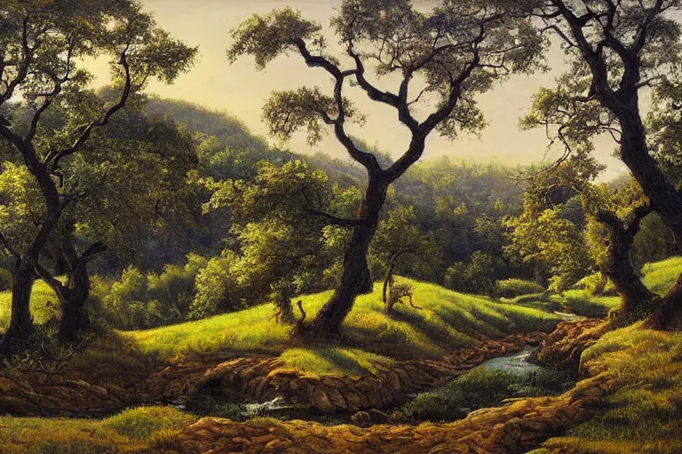 Image similar to masterpiece painting of oak trees on a hillside overlooking a creek, dramatic lighting, by peter ferguson