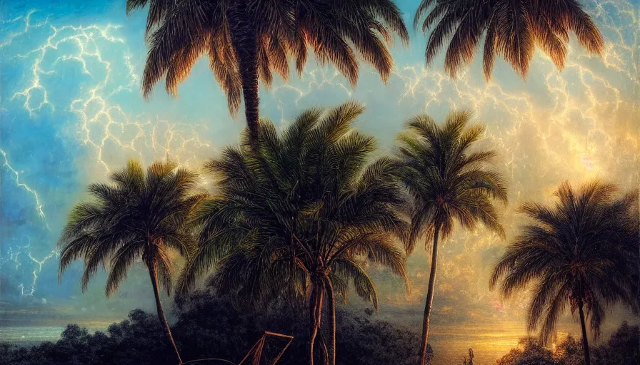 Image similar to a ultradetailed beautiful painting of the thunderstorm sky of the amazonas palace balustrade designed by gustave dore, derek zabrocki, greg rutkowski, belsinski, beach, trending on artstation, mediterranean, palm trees, sharp focus, colorful refracted sparkles and lines, soft light, 8 k 4 k