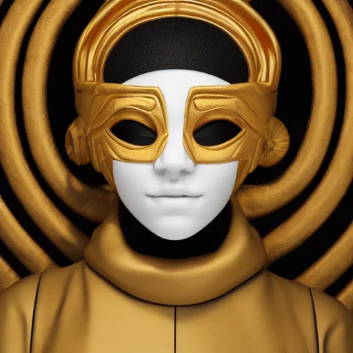 Prompt: portrait of masked dune dynasty with chanel clothes, white background, chanel logo, 8 k, symmetrical, 3 d render, octane render, insane details