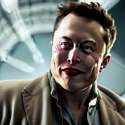 Image similar to elon musk as joker, still from batman the dark knight rises, highly detailed face, natural lighting