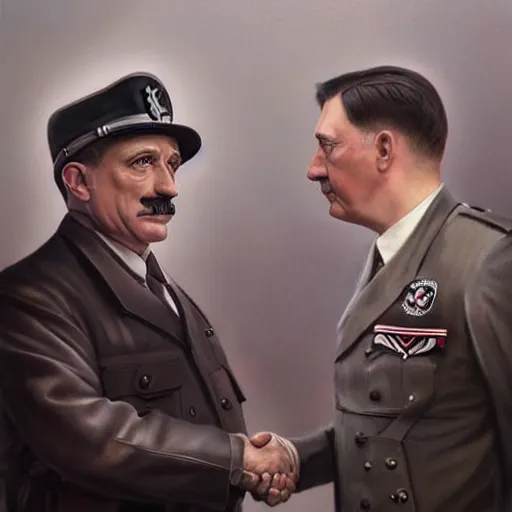 Image similar to hyperrealistic mixed media high resolution painting of James Franco disguised as Adolf Hitler shaking hands with John Goodman, stunning 3d render inspired art by István Sándorfi and Greg Rutkowski and Unreal Engine, perfect facial symmetry, dim volumetric lighting, 8k octane beautifully detailed render, full body shot, post-processing, extremely hyper-detailed, intricate, epic composition, highly detailed attributes, highly detailed atmosphere, cinematic lighting, masterpiece, trending on artstation, very very detailed, masterpiece, stunning, flawless structure, lifelike texture, perfection,