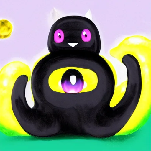 Image similar to digital art of cute black slime monster in form of slime cat with yellow glowing eyes, Digital 2D